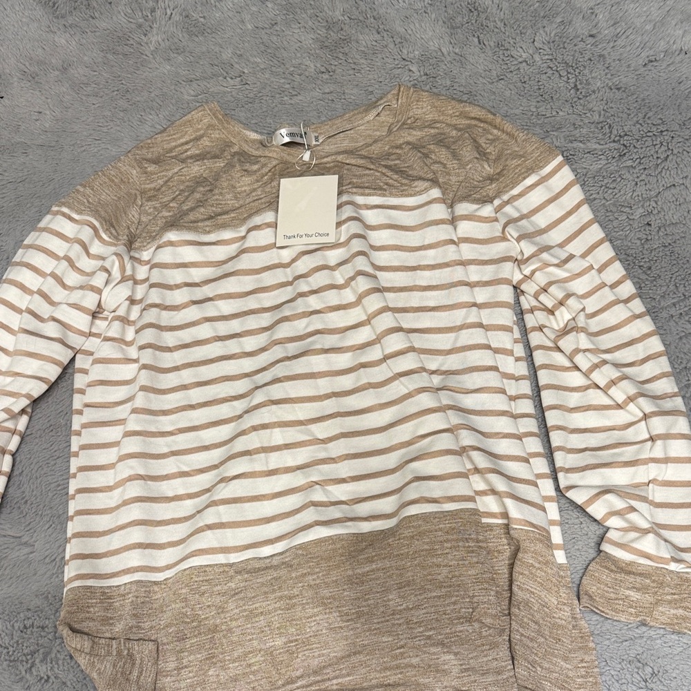 Beige and White Striped Lightweight Knit Top